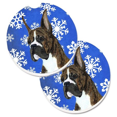 Carolines Treasures Boxer Winter Snowflakes Holiday Set of 2 Cup Holder Car Coaster SS4646CARC